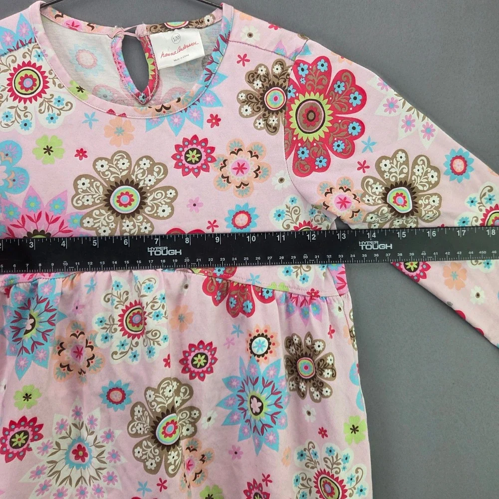 Hanna Andersson Girls Floral Dress 120 Pink Long Sleeve Cotton Ruffle Hem 2749